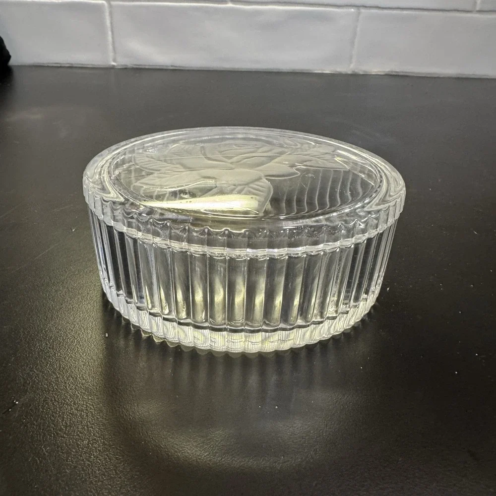 Vintage Oval Crystal Clear Cut Glass Jewelry Trinket Box, Candy Dish Rose w Lid